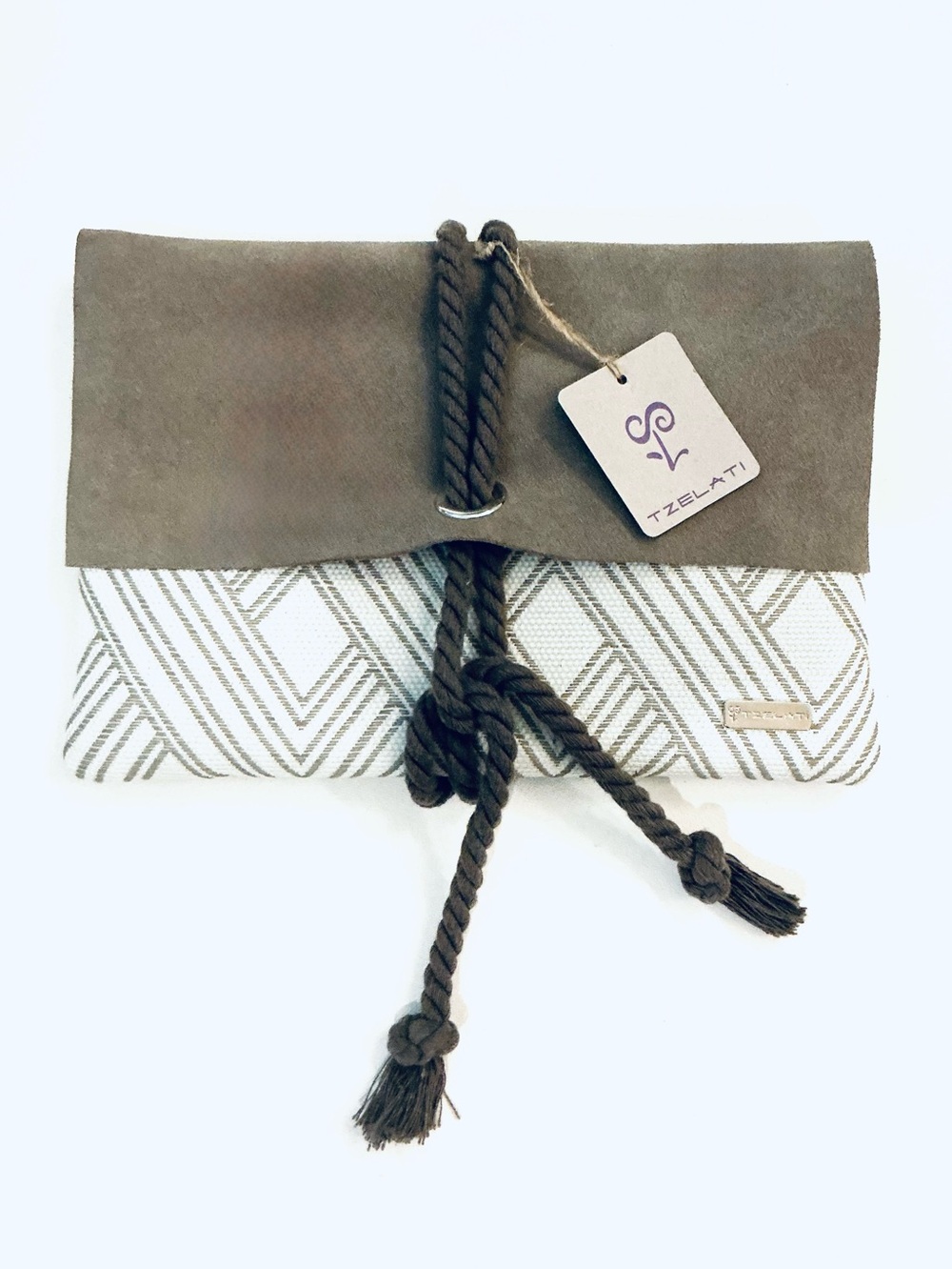 TZELATI, Envelope Clutch with Genuine Leather Flap & Geometric Fabric Body, NWT